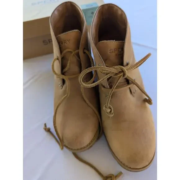 Sperry Ankle Boots Size 8.5M Women Celeste Prow Tan Lace Up Wedge - Picture 5 of 9